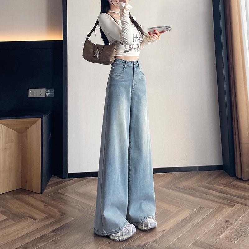 2025 New Women's Light Blue High-Waisted Wide-Leg Jeans - Slimming, Draped, Loose Fit for Spring and Autumn