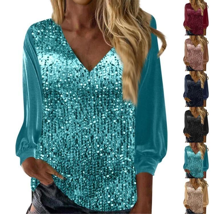 Sparkly Sequin Blouse for Women Loose Long Sleeve Shiny V Neck Party Dressy Shirt Holiday Evening Wear