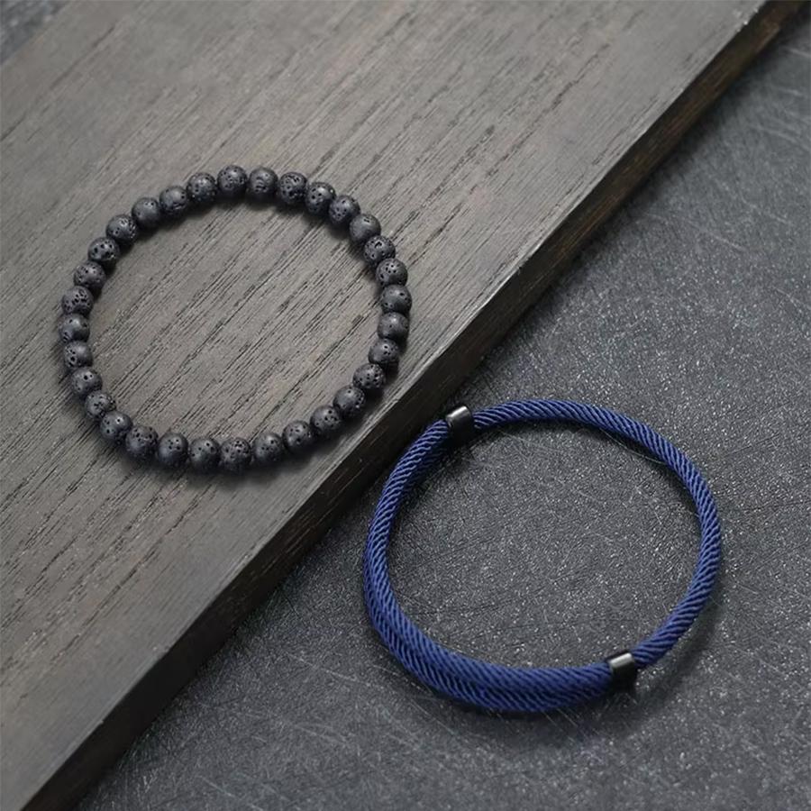 2 PCS Sleek Minimalist Black Beaded Bracelet Rope Bracelet Mixed Stackable Bracelets Men's Casual Jewelry