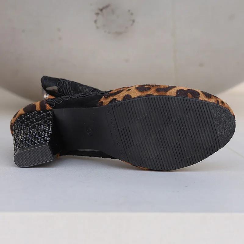 2024 New Shoes for Women Sandals Women's Boots Leopard Ankle Boots Women Lace Floral Back Zip Round Toe High Heels Shoes Female