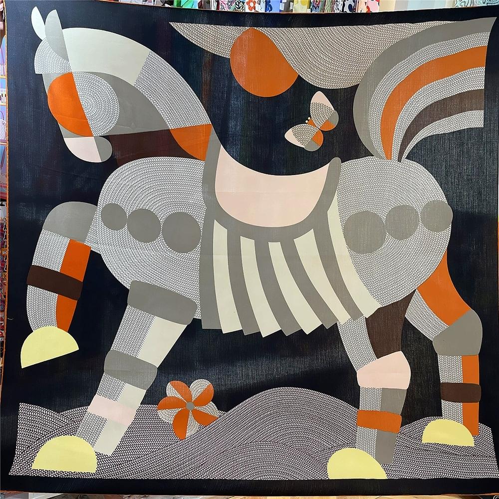 

130CM Women Large Shawl French Vase And Flower Printed Square Bandana Luxury Colorful Kerchief Hijab Scarf 130x130cm