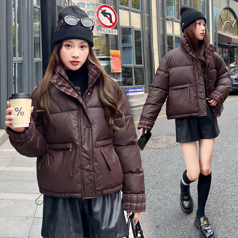 Vertical Collar Plaid Contrast Cotton Warm Short Thickened Jacket
