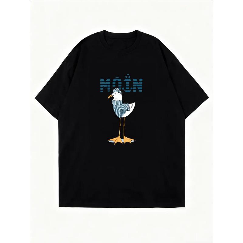 White T-Shirt With Seagull And Moan Text Print For Casual Wear