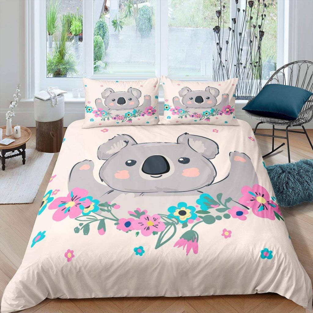 Cartoon Koala Kids Bedspread Cover, Lovely Koala Comforter Cover For Children Toddler Nursery Charming Bear Quilt Cover With Pillowcase