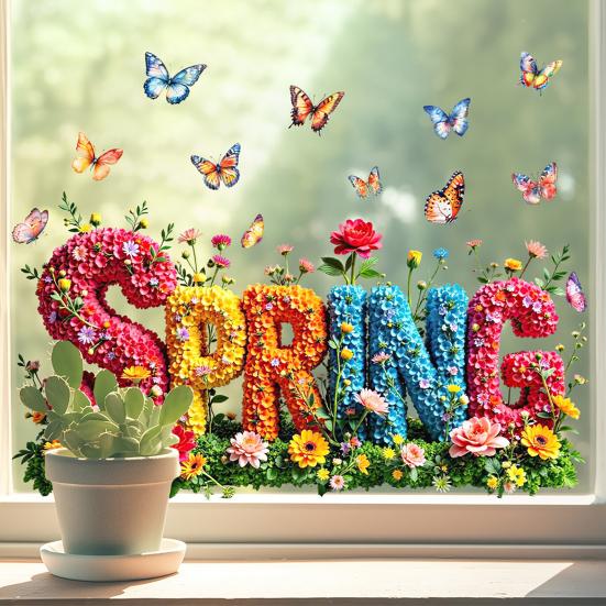 Spring Window Cling Double-Sided Butterfly Letter Sticker Waterproof PVC Static Glass Colorful Flower Holiday Party Window
