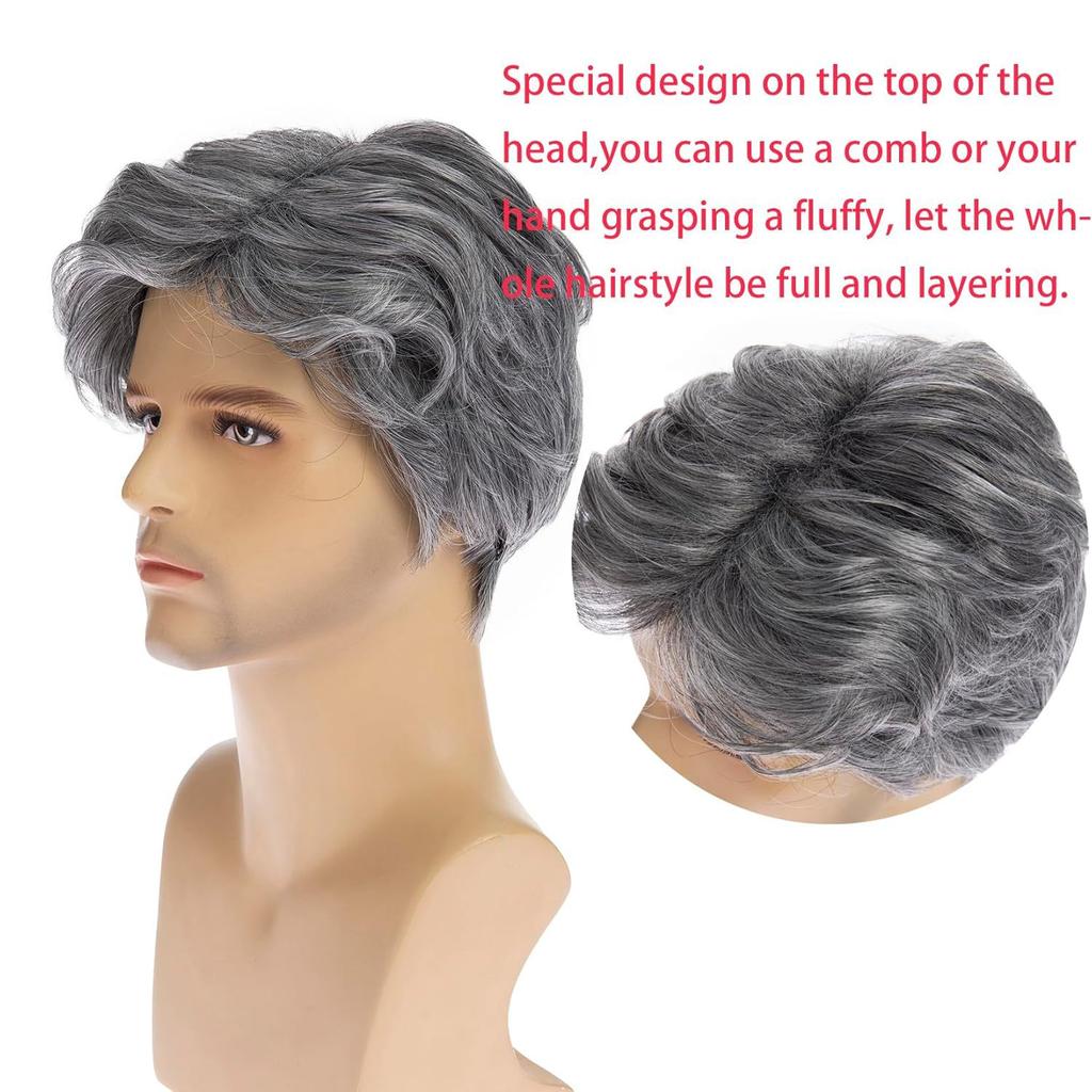 Middle-Aged Men's Side-Part Textured Wig, Grey Short High-Temperature Fiber Hairpiece