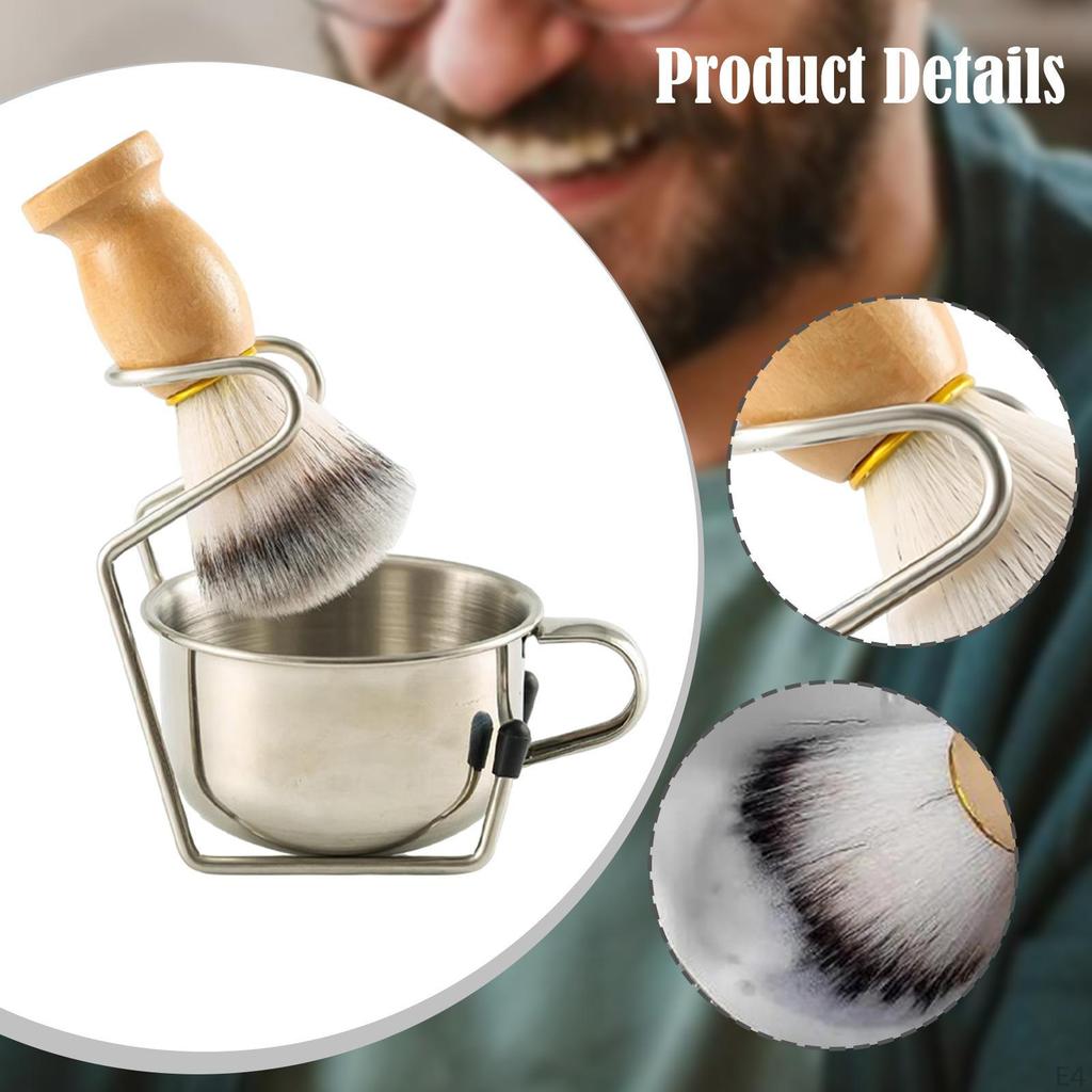 Men Shaving Brush Shave Cup with Stand 3 In 1 Kit Accessories Portable for Dad, Husband Stainless