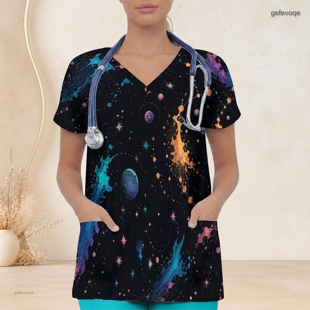 Women Plus Size V Neck Short Sleeve Black Multicolor Printed Nurse Scrub Top With Front Pockets