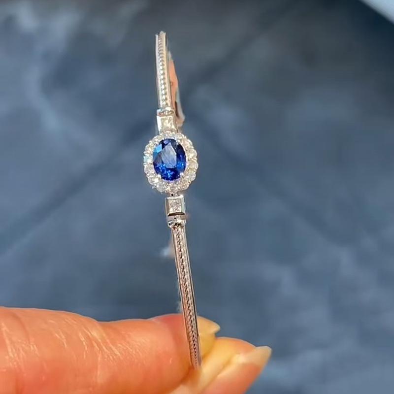 Zhuozhifan S925 Silver Simulated Blue Sapphire Bracelet - 6x8mm Corundum Bangle