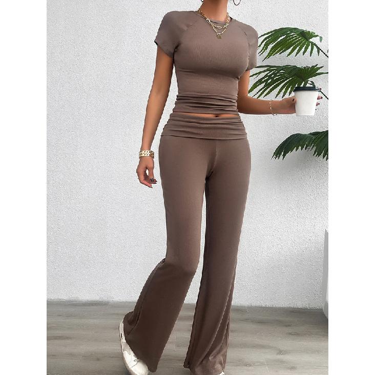 

Женский весенне-летний темпераментный отпускной удобный универсальный повседневный однотонный облегающий комплект с короткими рукавами и длинными брюками XL коричневый