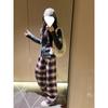 Women's Plaid Wide-Leg Retro Pants - Tall, Floor-Length Casual for Spring & Autumn
