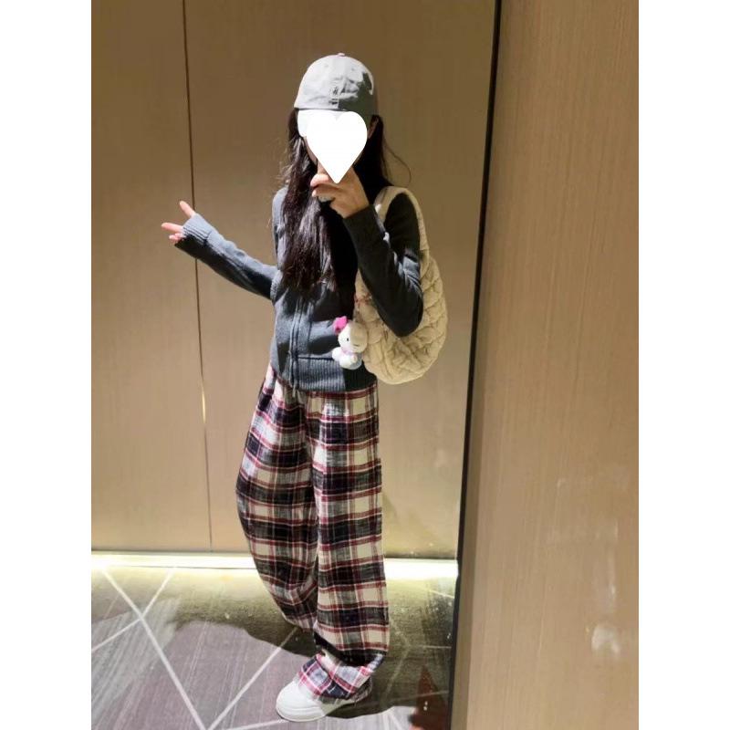 Women's Plaid Wide-Leg Retro Pants - Tall, Floor-Length Casual for Spring & Autumn