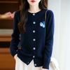 Women's Autumn Embroidered Round Neck Single-Breasted Wool Knit Cardigan
