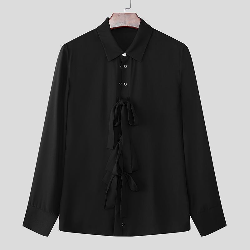 

INCERUN Men Lapel Neck Long Sleeve Front Bow Knot Hollow Casual Shirts S