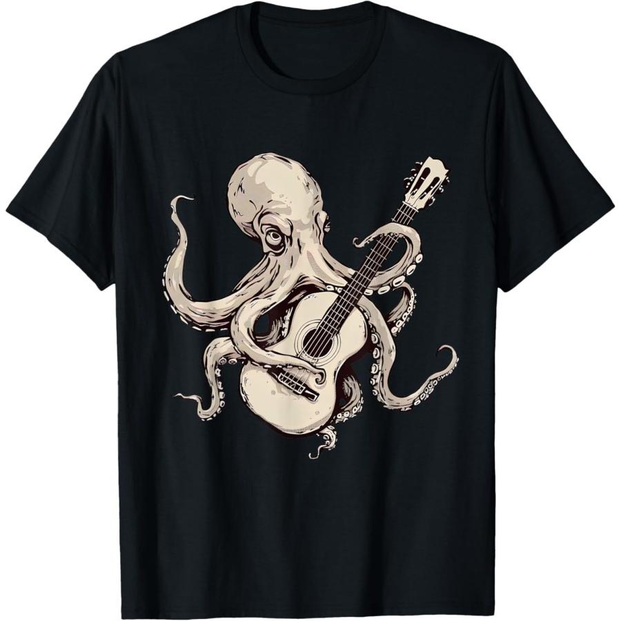 Винтажная футболка с осьминогом, играющим на гитаре, смешной рокер-гитарист, музыкальная футболка S чёрный