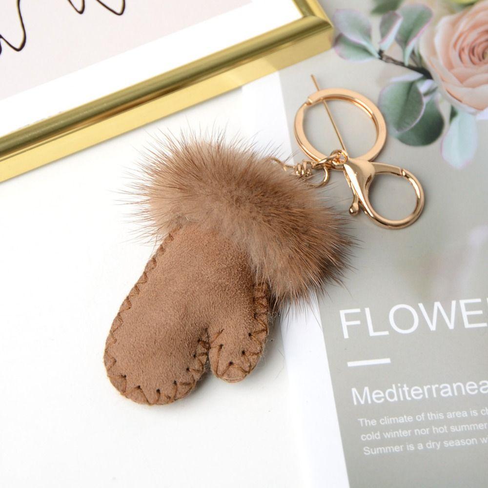 

Fluffy Mink Hair Pendant Leather Car Keyring Exquisite Little Glove Keychain Bag Decoration кофейный