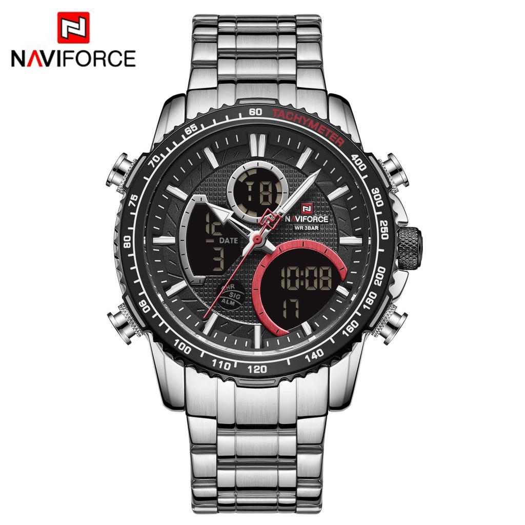 NAVIFORCE 9182 Montre à Quartz pour Homme d'Affaires Montre Numérique LED Lumineuse Montre de Luxe à Double Affichage pour Homme Acier Inoxydable Reloj