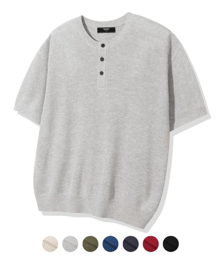 TRILLION Washable Linen Crop Henley Neck Short Sleeve Knit_7 Colors (Type A)