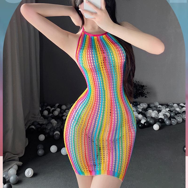Sexy Lingerie For Women Lace Stockings Floral Fishnet Bodysuits Seamless Fishnet Chemise Rainbow Nightwear Mesh Hole Dress
