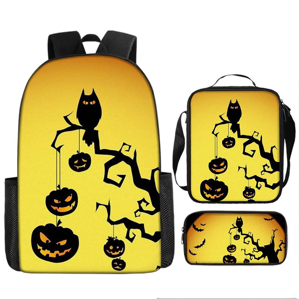 Halloween Backpack Pumpkin Ghost 3-Piece Set Schoolbag Kids Shoulder Bag Cute Bookbag for Boys Girls