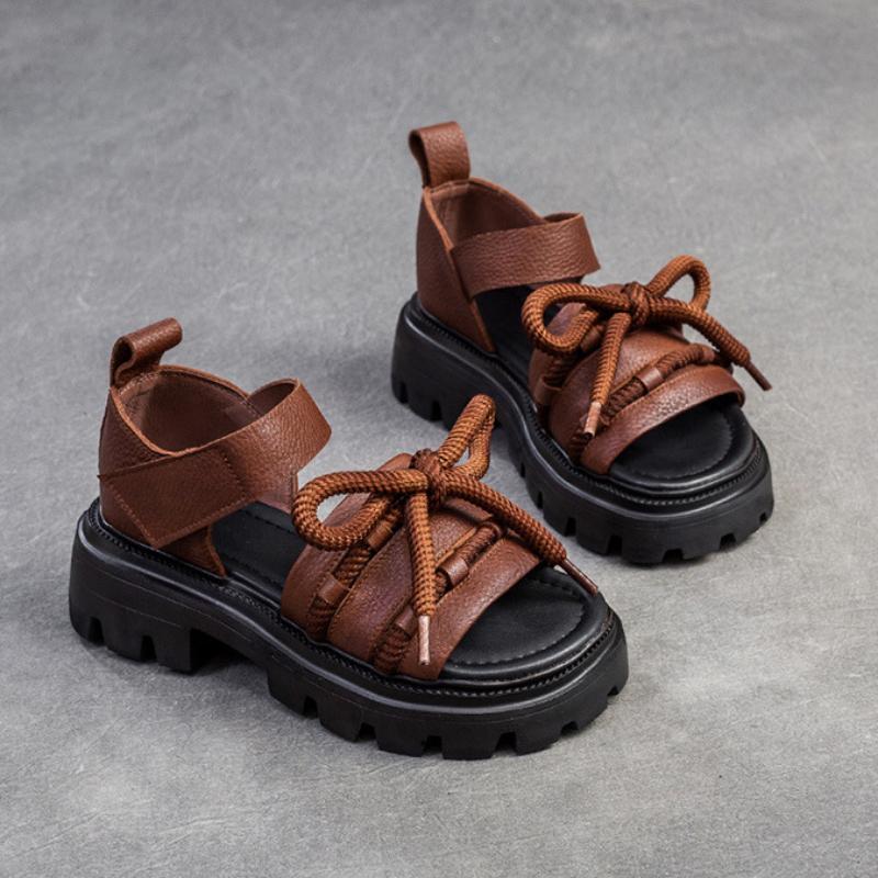 Johnature Versatile Peep Toe Hook & Loop Sandals Retro Genuine Leather Thick Soled Women's Shoes