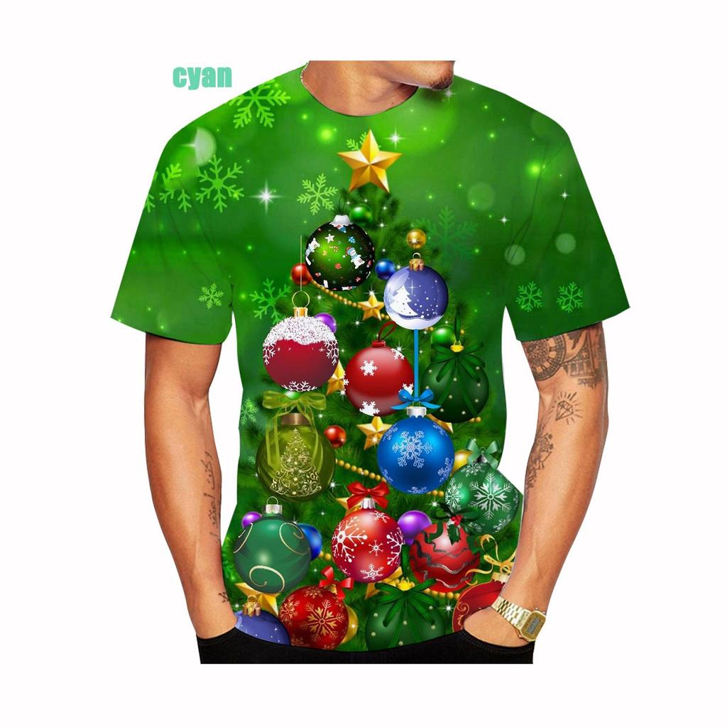 Nueva Moda Camiseta Navideña Estampada en 3D Popular Unisex Camisetas Árbol de Navidad Muñeco de Nieve Gato Estampado Manga Corta