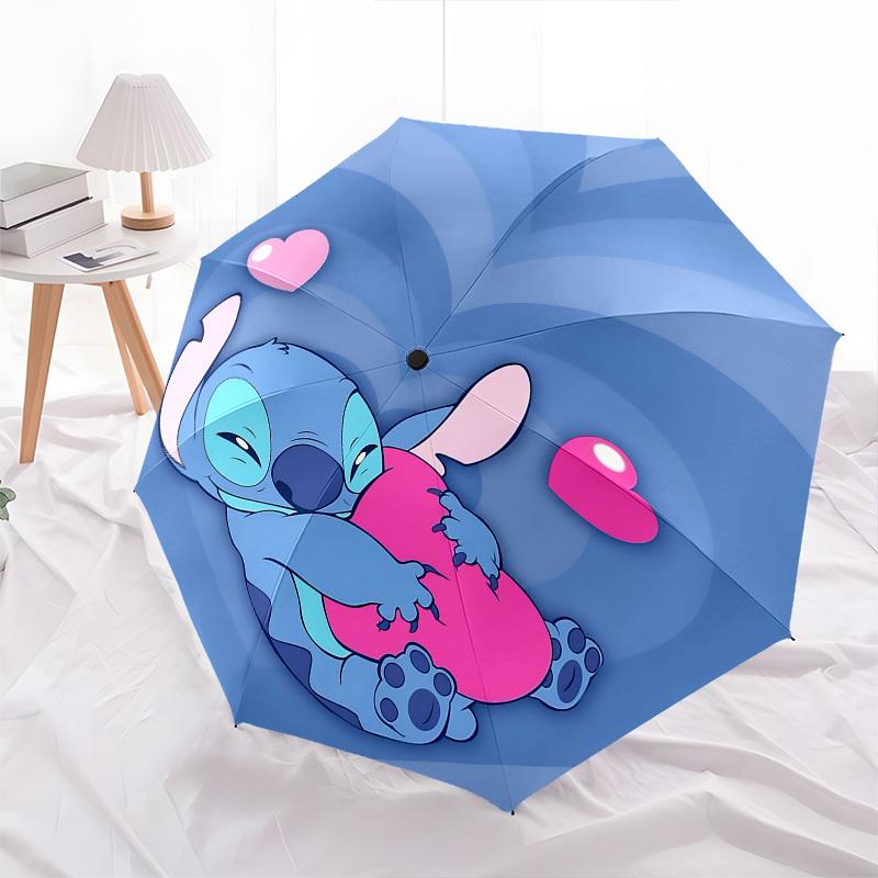 Stitch, Hartjes Thema Automatisch Open- en Sluitende Paraplu, Felgekleurde 8-ribs Draagbare Paraplu, Geschikt voor Mannen en Vrouwen, Een Perfect Cadeau voor