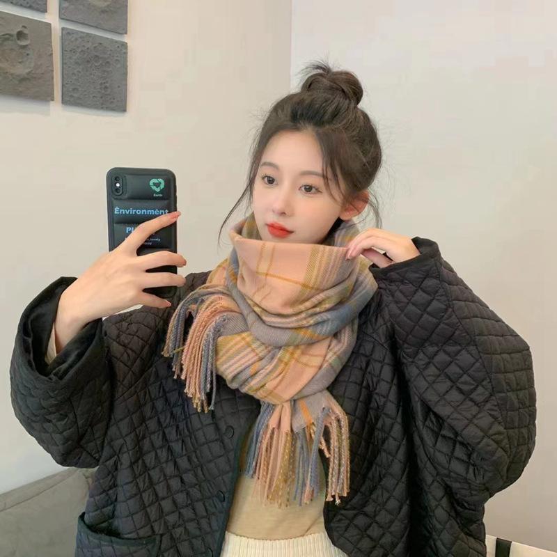 Autumn and winter warm scarf retro versatile plaid imitation cashmere student shawl advanced sense tassel couple Japanese scarf