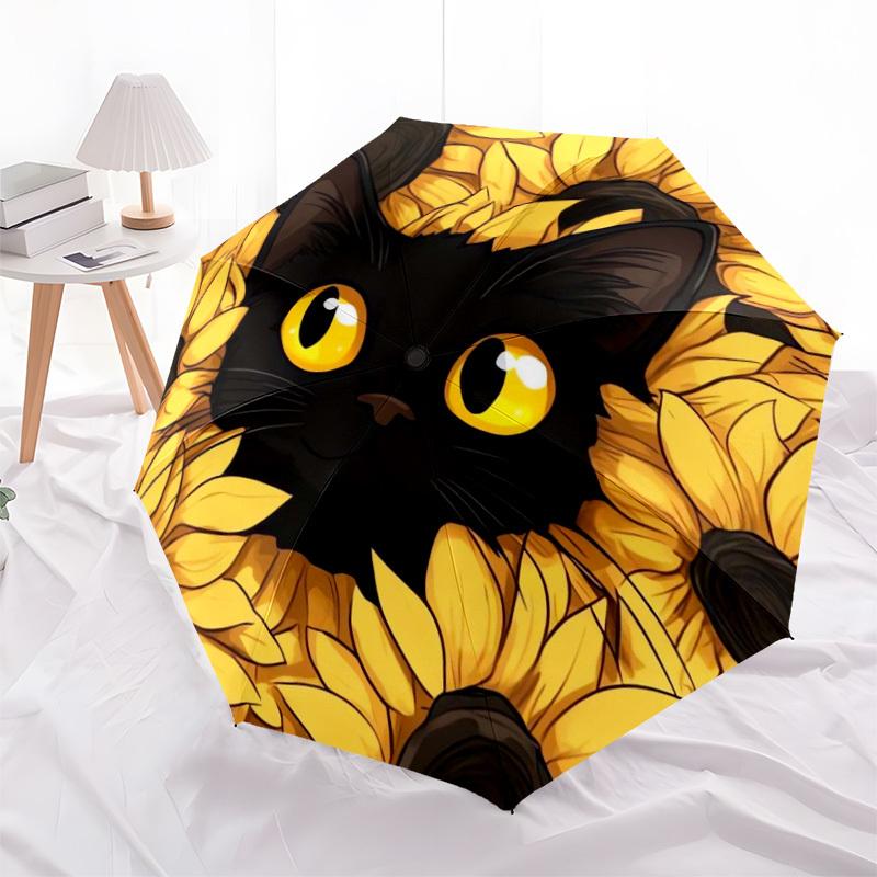 1pc Black Cat Sunflowers Umbrella with Plastic Handle,Suitable for All Seasons Home Travel Outdoor UmbrellaDD1733
