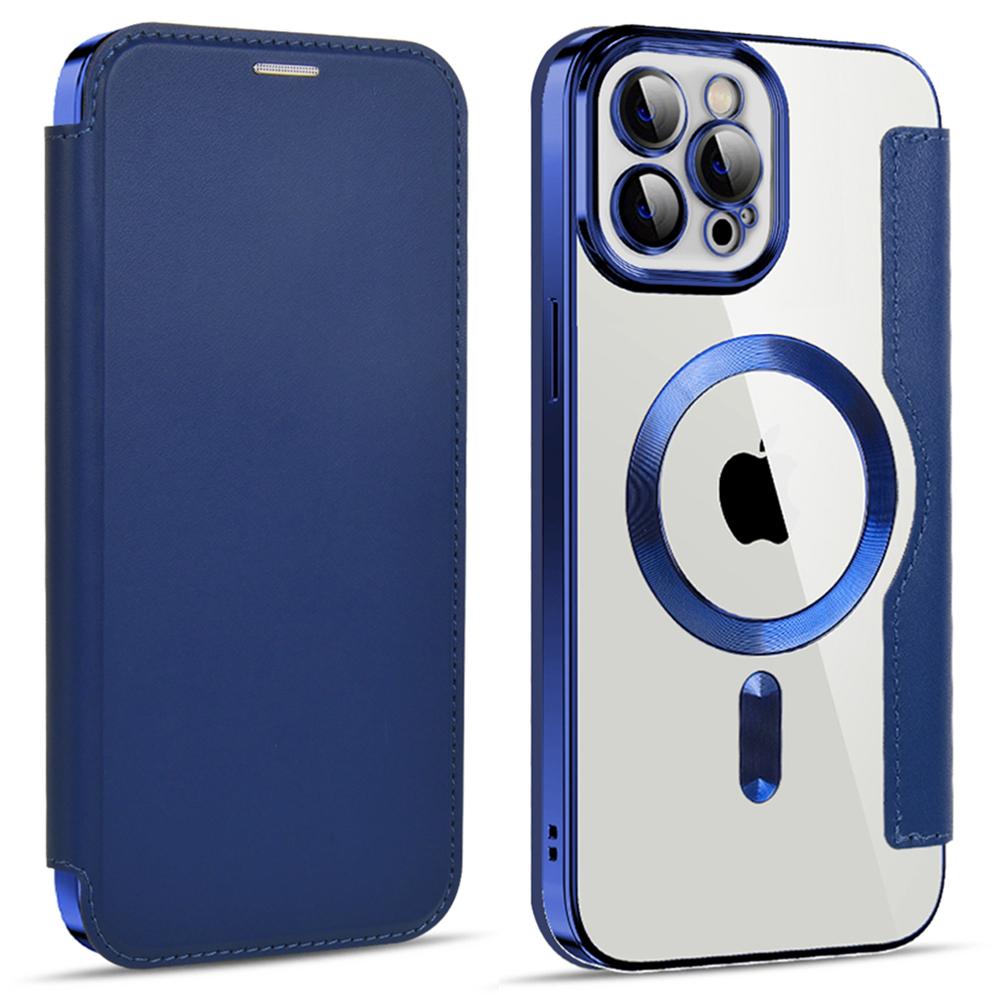 For iPhone 11 Pro Max 6.5 inch Compatible with MagSafe RFID Blocking Card Slots PU Leather+TPU Electroplating Clear Back Flip Case with Lens Film