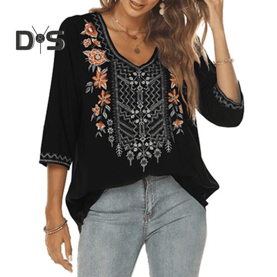 

Женская блузка, традиционная мексиканская женская вышитая рубашка свободного кроя с цветочным принтом и рукавом 3/4, повседневная одежда S чёрный