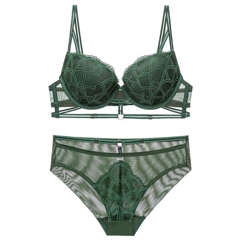 

Французское нижнее белье летняя мода дизайн бретелей сборка сексуальное нижнее белье мягкая косточка большой размер кружевной бюстгальтер чашка 85C темно-зеленого