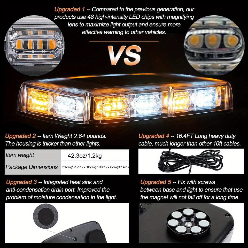 48LED Roof Top LED Strobe Lights Emergency Safety Warning Light Bar with Magnetic Base 12-24V for Car SUV Trucks Trailer Jeep