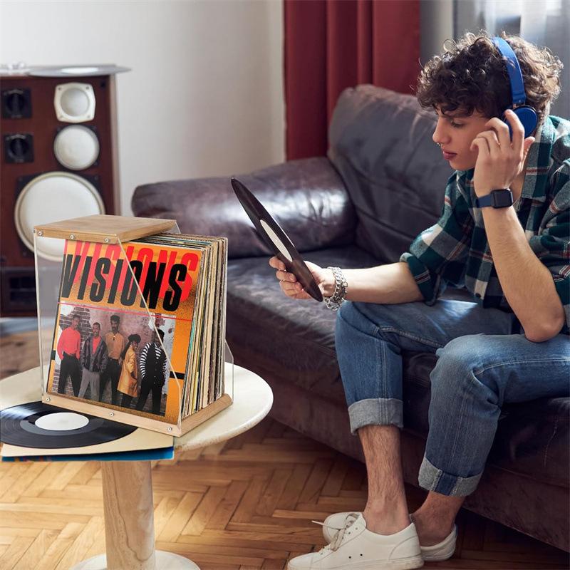 Wooden Record Rack Desktop Ornament Transparent Vinyl Record Display Rack Cassette Book Storage Box Solid Wood Organizer
