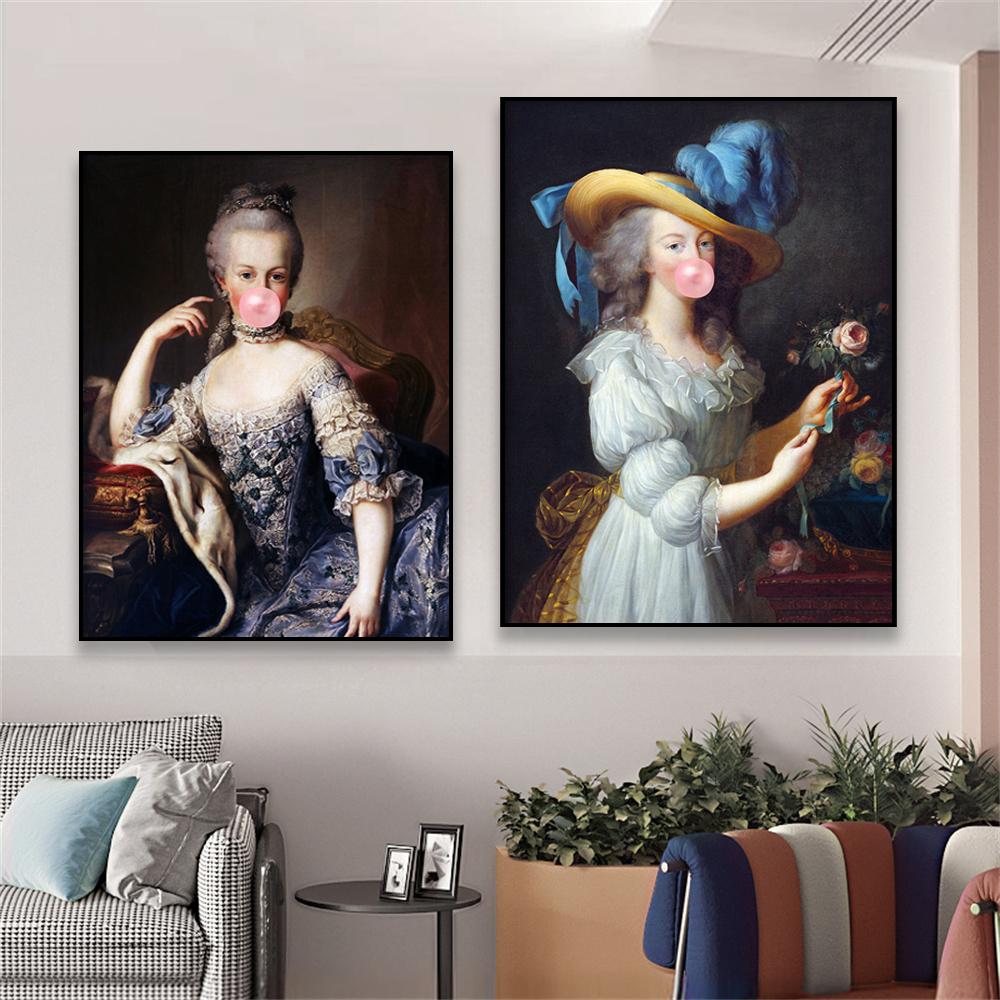 Vintage Altered Art Poster Marie Antoinette In White Dress Bubblegum Prints Rococo Oil Painting Home Room Decor Canvas Painting