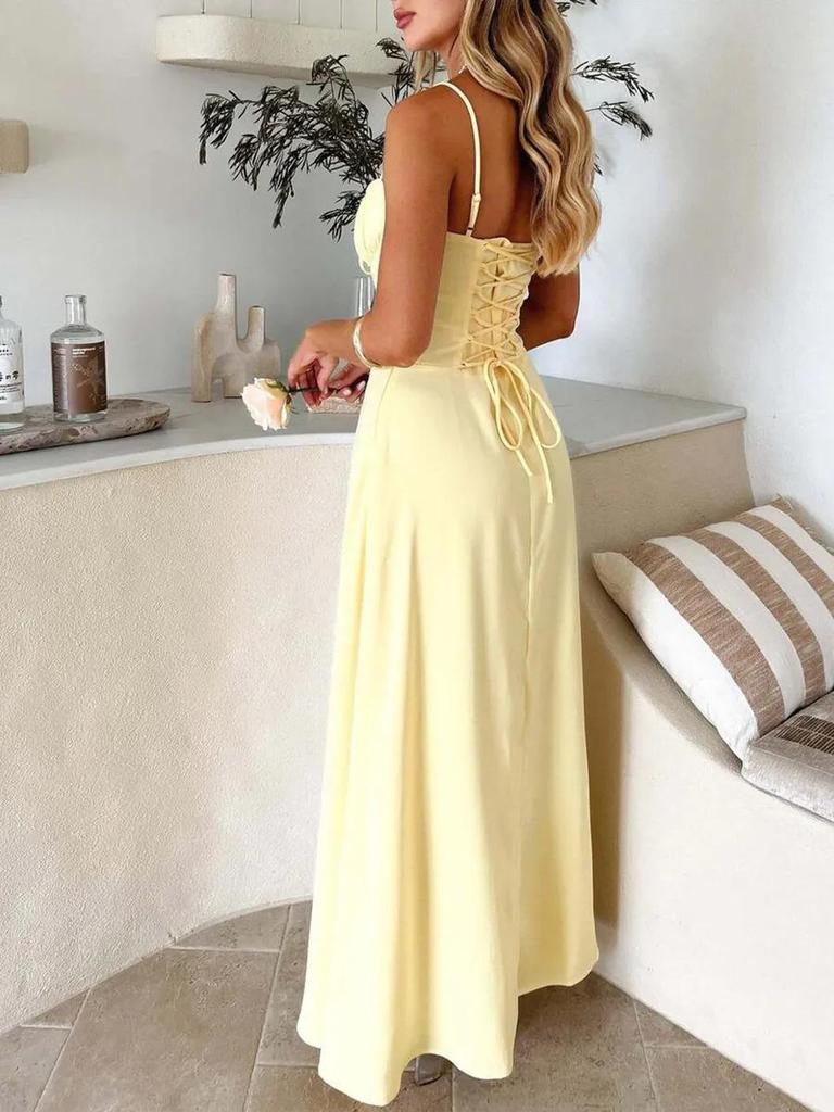 2026 Elegant A-line Lace-up Midi Dress for Women - Solid Color