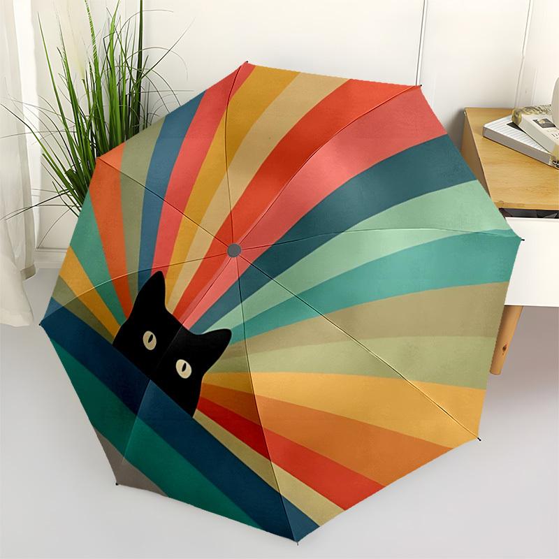 1PC Cat Rainbow Automatic Windproof Umbrella 8 Rib Portable Folding Black Iron Frame for Outdoor, Beach, Travel, Beach Umbrella,S43