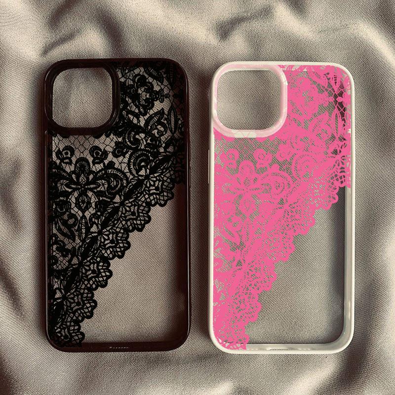 Wine Red Black Lace Printed Phone Case For iPhone 15 17 16 Pro 14 13 12 11 XR XS Max 7 8Plus Pattern Shockproof Clear Hard Cover