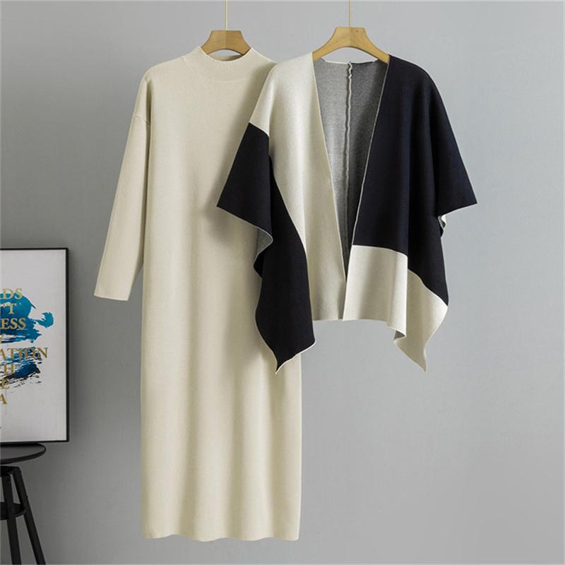 

Женский костюм на осень и зиму Новинка Контрастное кейп-пончо Трикотажное платье с полувысоким воротником Комплект из двух предметов One Size абрикосовый