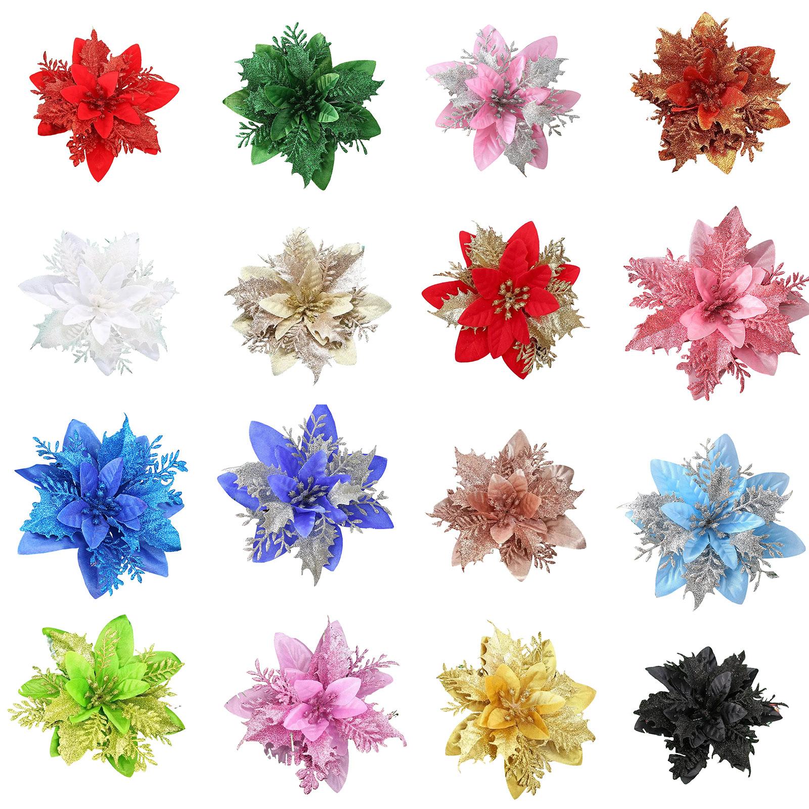 

16pcs Glitter Poinsettia 5.5 Inch Artificial Flower Christmas Clip Stem Christmas Tree Ornaments For Wedding Party Wreath One Size One Size