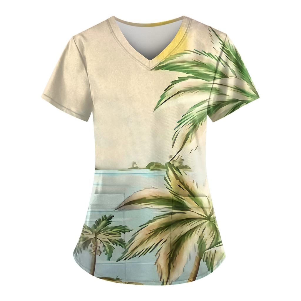 Hawaiian Top For Women Fashion Printed Short Sleeve V Neck Pattern Tops Pocket Working T-shirts