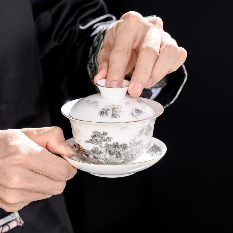 Intangible Cultural Heritage Ceramic Tea Set 16 Head Suet Jade Porcelain Large Set Ink Landscape Kung Fu Teacup Teapot Cover Bowl