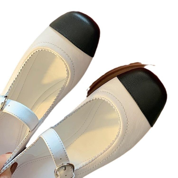 Xiaoxiangfeng retro color matching square head thick heel Mary Jane shoes women's spring flat bottom 2025 new French leather shoes