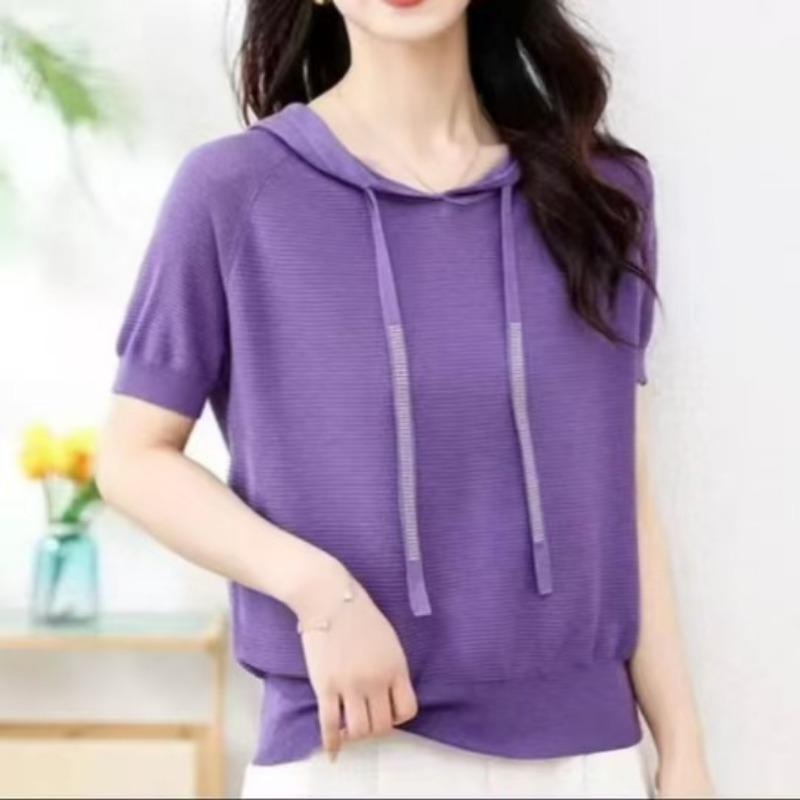 Hooded Pullover Knitted T-shirt for Women Short Sleeved Loose Casual Versatile Slimming T-shirt