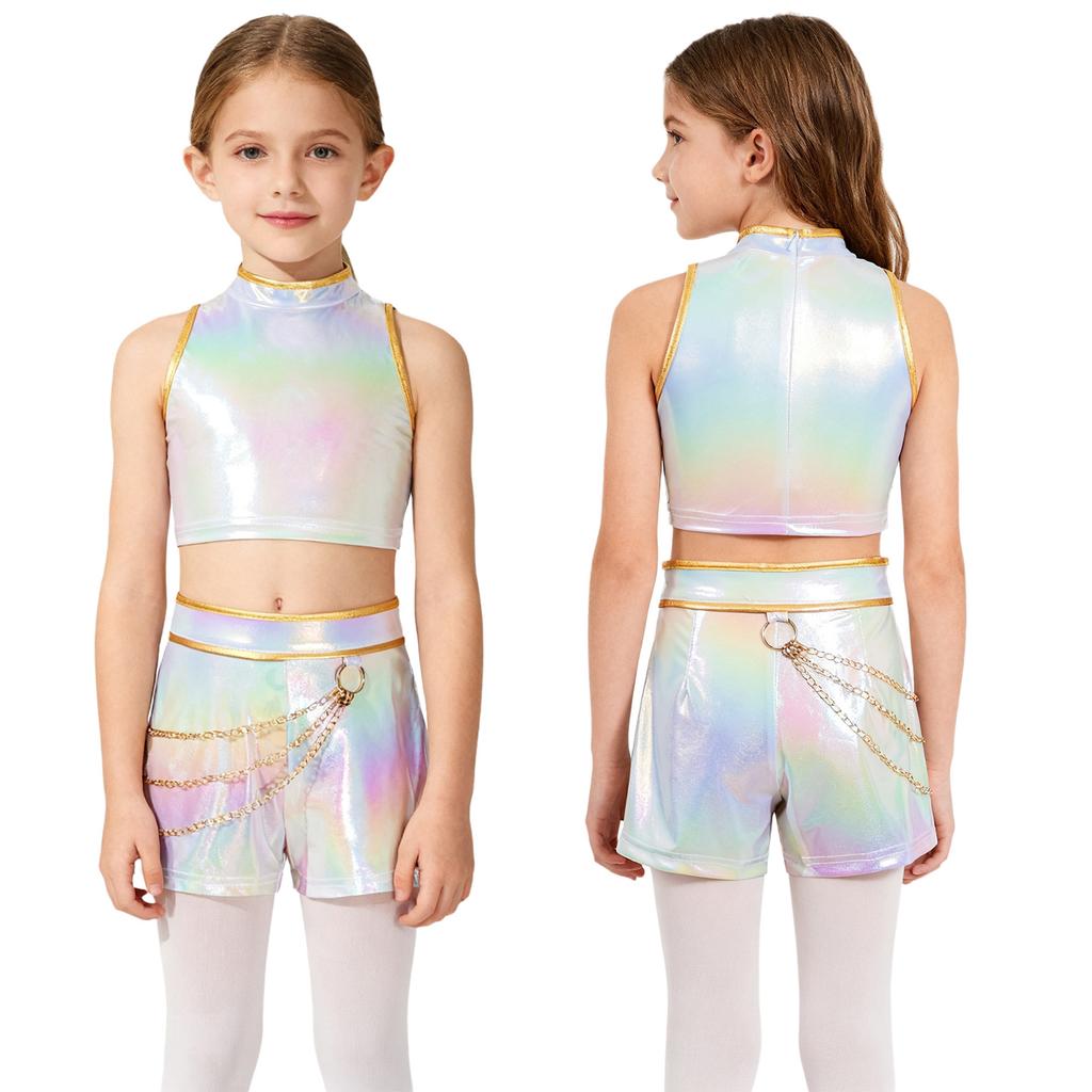 Girls Popular Singer Role Play Outfit Glossy Sleeveless Crop Top Detachable Belt Waist Chain Shorts