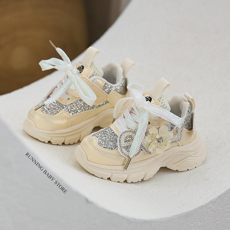 

Rhinestone Appliques Children Sneaker for Kids Girl Shining Glitter Princss Chunky Sneakers Floral New Hiking Shoes Child I08068 21 бежевий