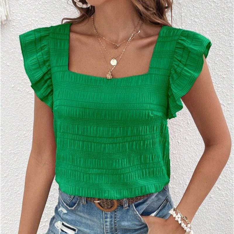 Spring and Summer New Square Neck Ruffled Women Shirt Tops Elegant Slim Fit Solid Flying Sleeve Blouse Women Loose Casual Shirts Female Clothing 26486