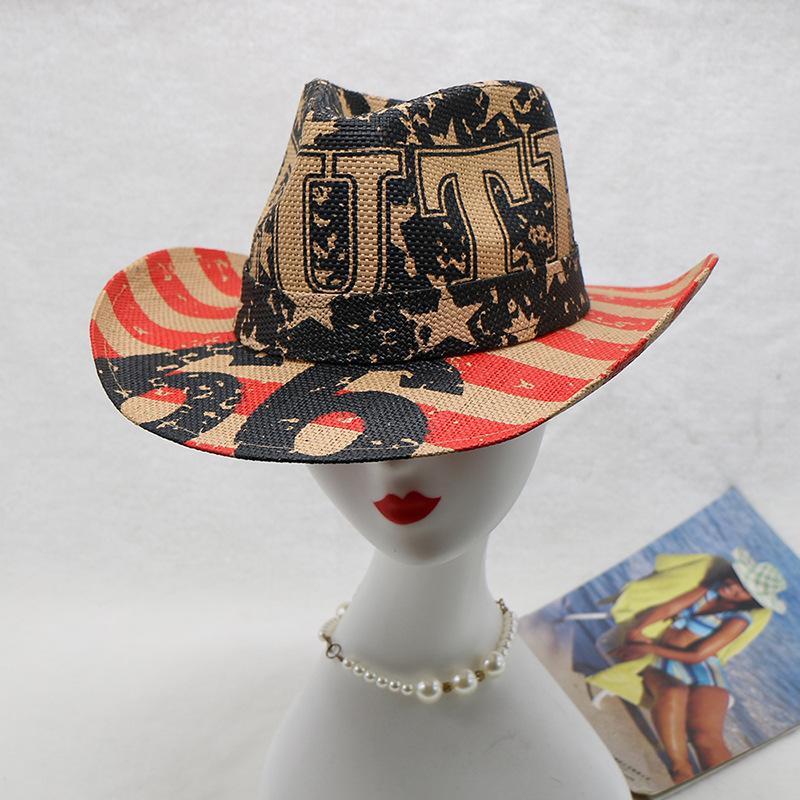 Western Cowboy Hat Print Retro Men'S Outdoor Hat Style Straw Hat Knight Straw Hat