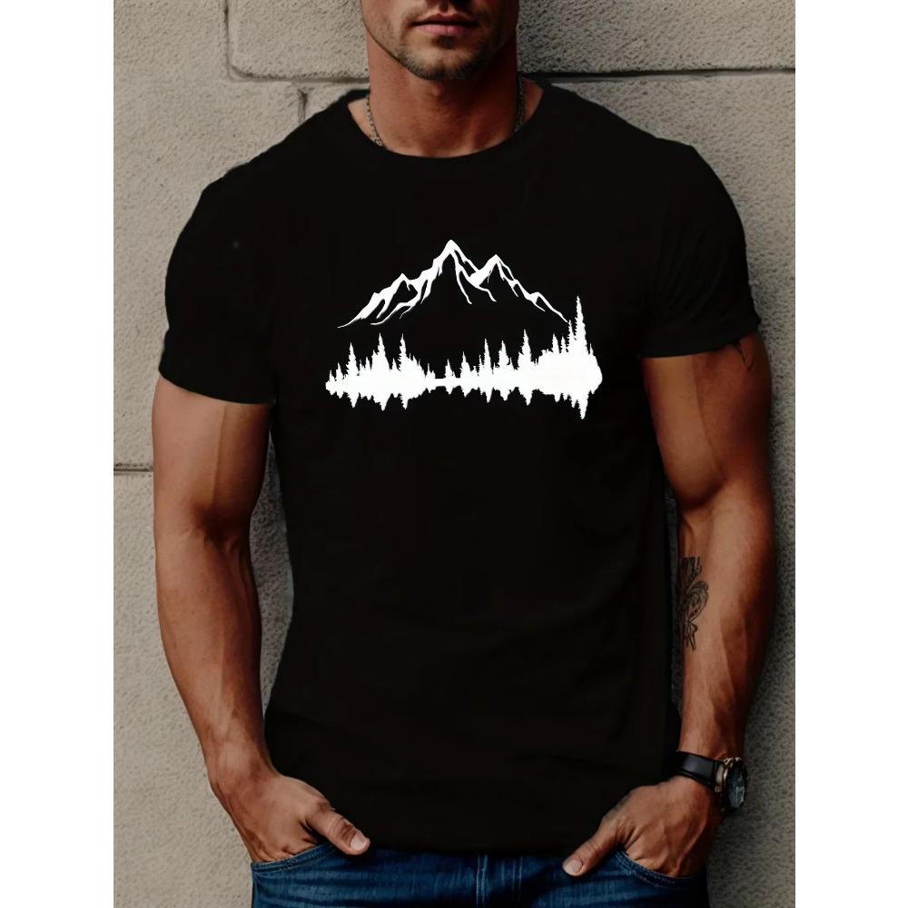 Men's Casual Summer Printed T-shirt, Casual Round-neck Short-sleeved T-shirt with Big Mountain Tree Pattern, Oversized Breathabl