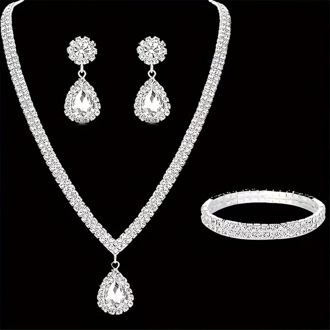 

4 Pieces Luxurious Jewelry Set Exquisite Rhinestone Pendant Elegant Women s Crystal Silver Plated Necklace Earrings Bracelet Set